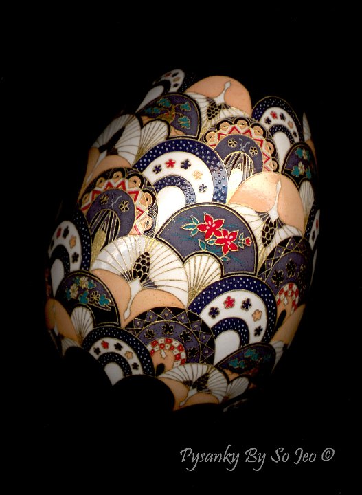 Cranes and Fans ChiyogamiUkrainian Style Easter Egg Pysanky by So Jeo